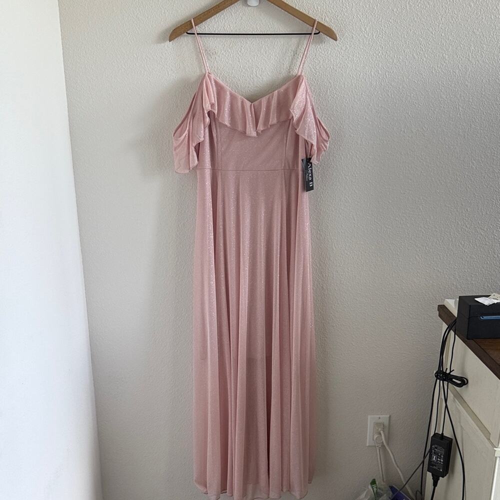 NWT Alexa B Nites Elegant Pink Off-Shoulder Dress Delicate Glitter Lined 6